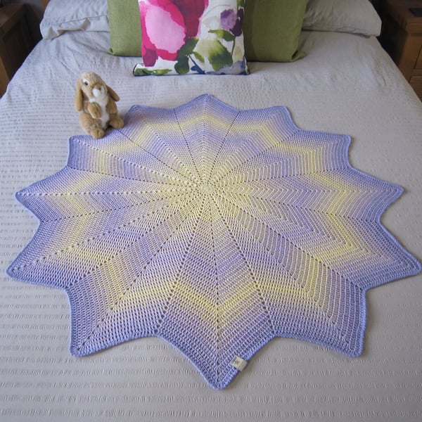 Lemon and Lilac Baby Blanket Hand Crocheted in a Star Shape, Baby Girl, Newborn 