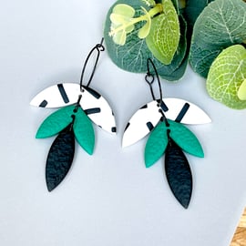 Green, Black & White Polymer Clay Hoops Earrings 