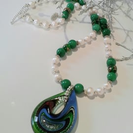 Murano Glass Genuine Freshwater Pearl & Quartzite Necklace