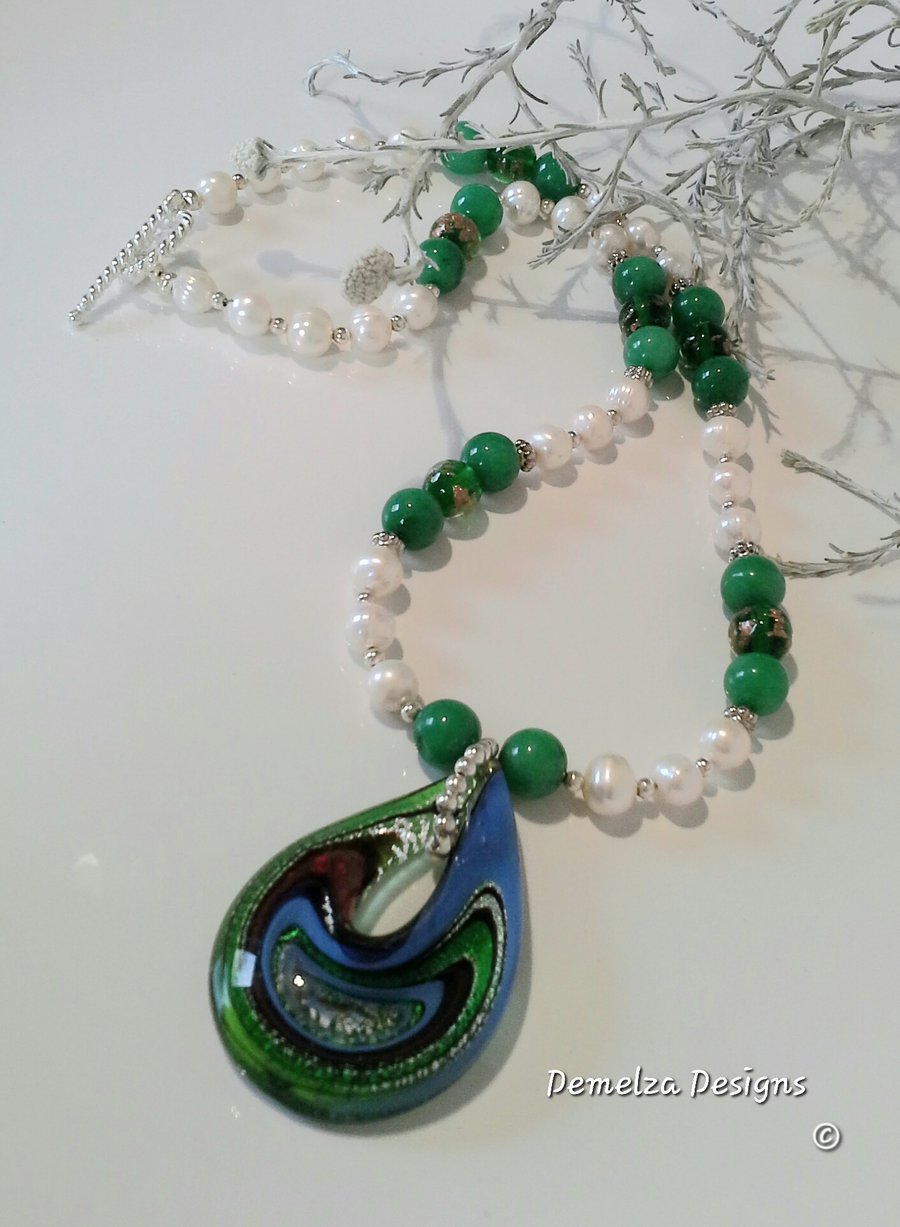 Murano Glass Genuine Freshwater Pearl & Quartzite Necklace