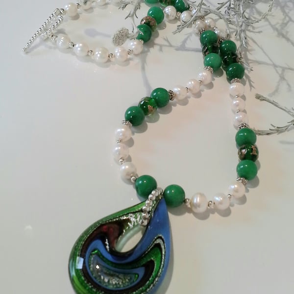 Murano Glass Genuine Freshwater Pearl & Quartzite Necklace