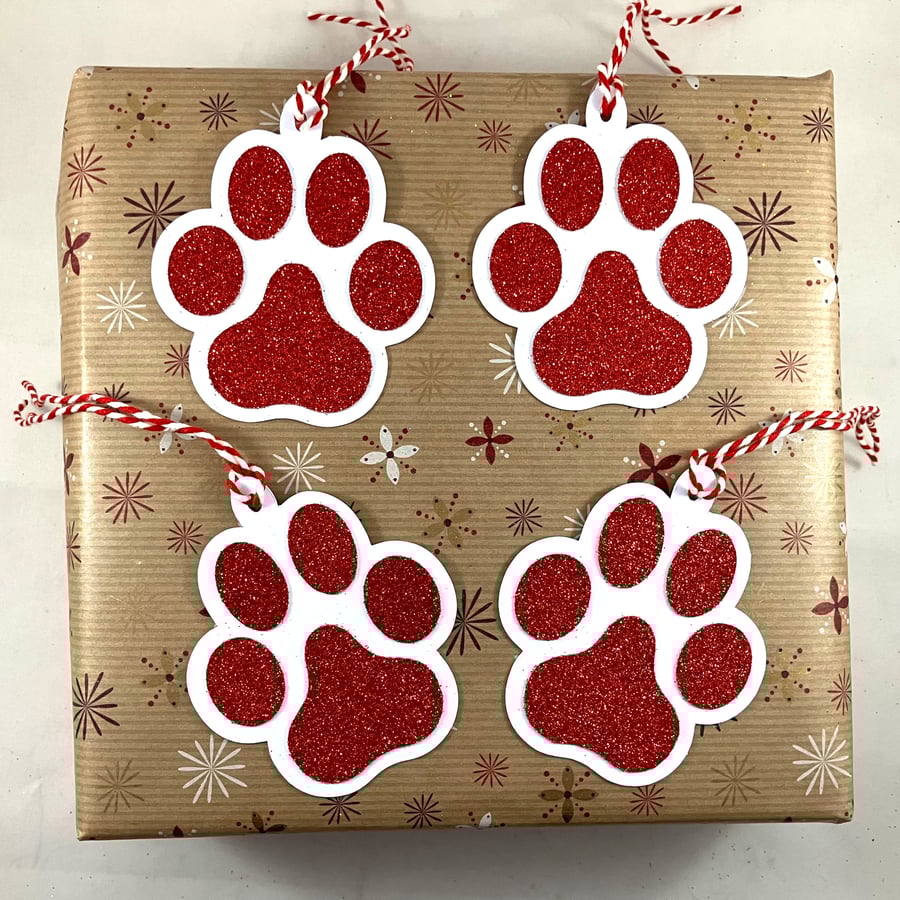 Red glitter paw print gift tags