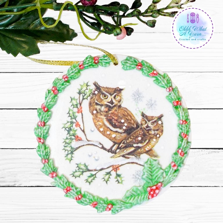 Owl mixed media hanging decoration. Owl ornament. Owl decoration.