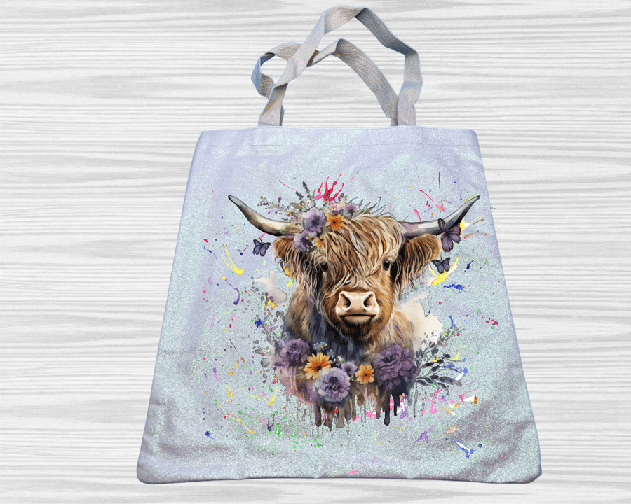 Eco friendly short handled tote with stunning highland cow design 