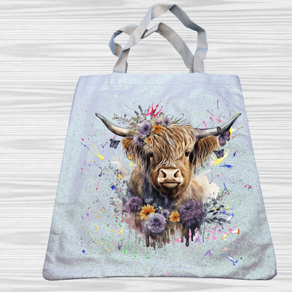 Eco friendly short handled tote with stunning highland cow design 