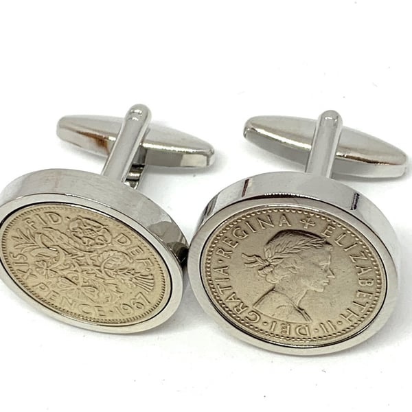 1967 Sixpence Cufflinks 57th birthday. Original sixpence coins Great gift HT