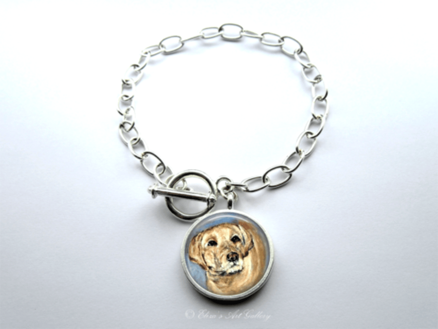 Silver Plated Labrador Dog Art Large Link Charm Bracelet With Toggle