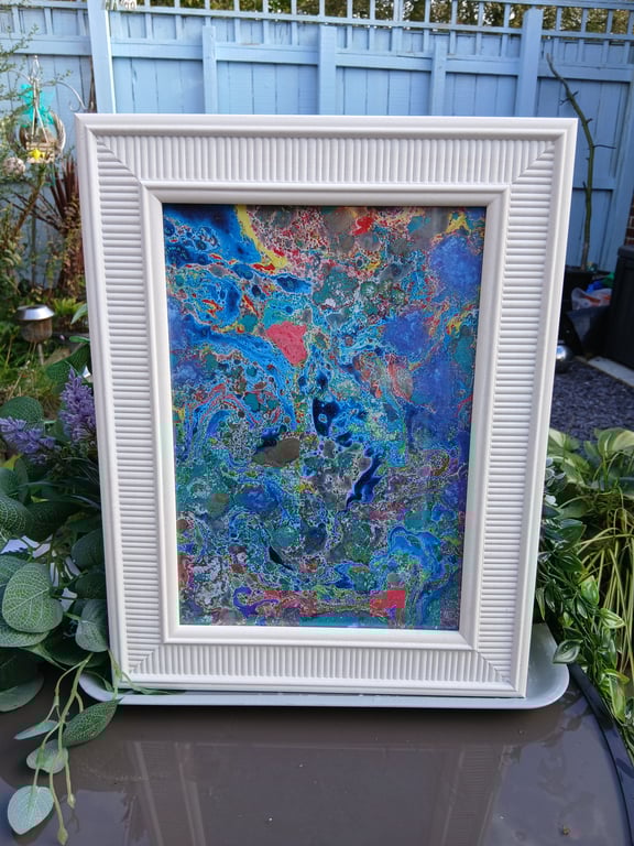 Framed Watercolour Marbling Painting 