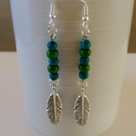 Wood Bead Leaf Charm Earrings