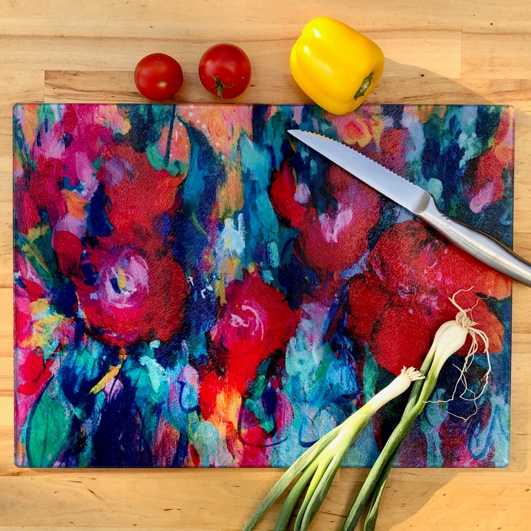 Carnival Floral Glass Chopping Board, Vibrant Circular or Rectangular Design
