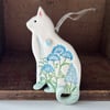 Ceramic floral cat hanging decoration blues