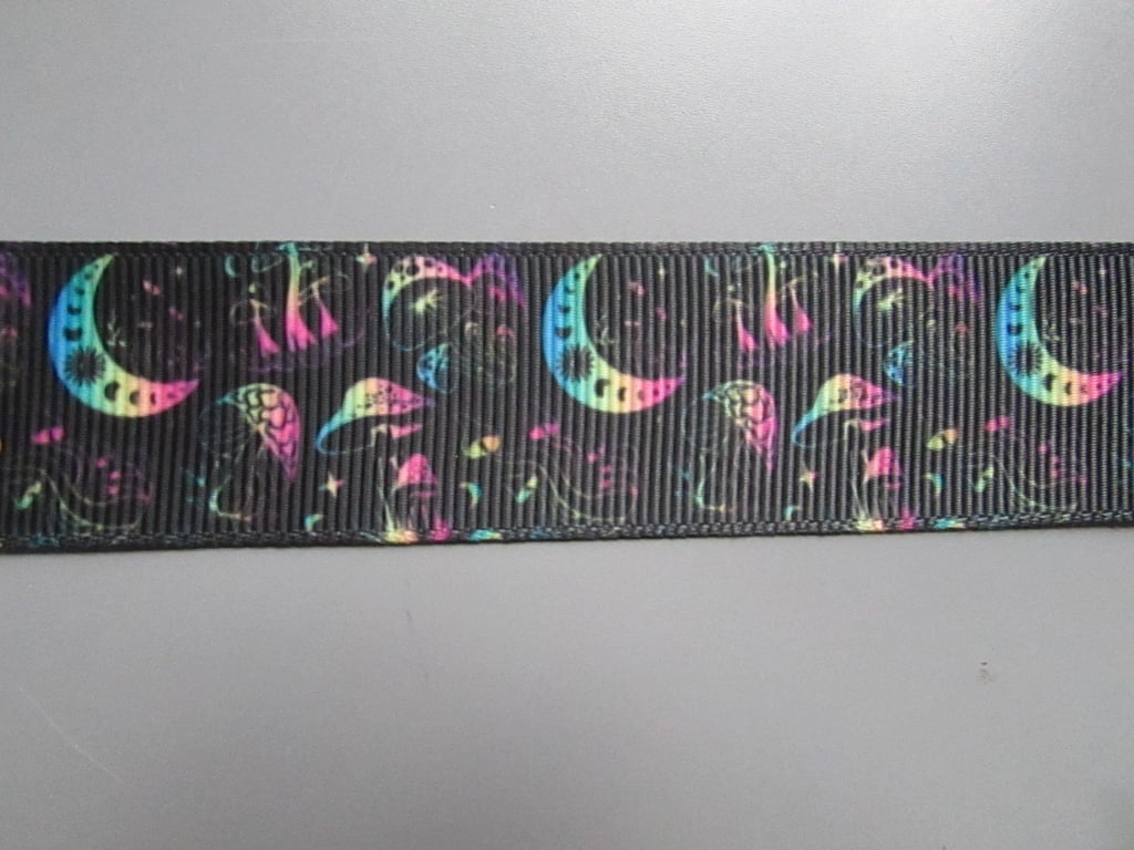 Magic Enchanted Toadstool Mushroom and Moon 2.5cm Grosgrain Ribbon x 1 metre