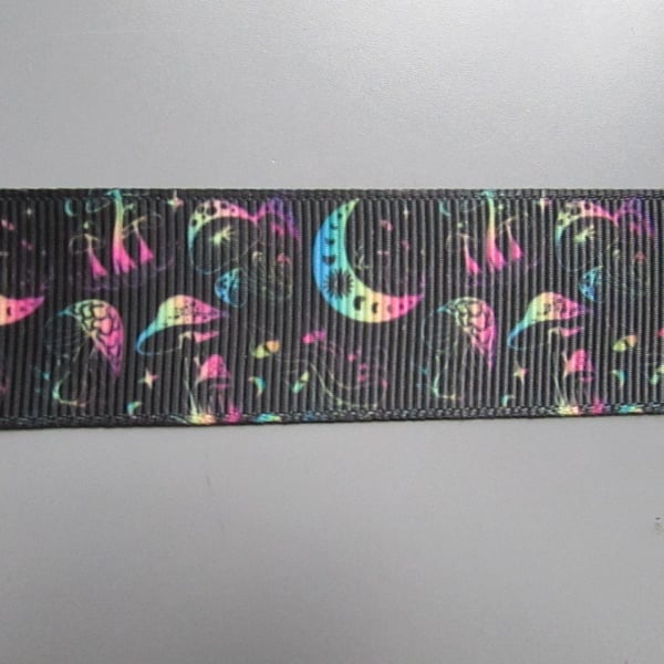 Magic Enchanted Toadstool Mushroom and Moon 2.5cm Grosgrain Ribbon x 1 metre