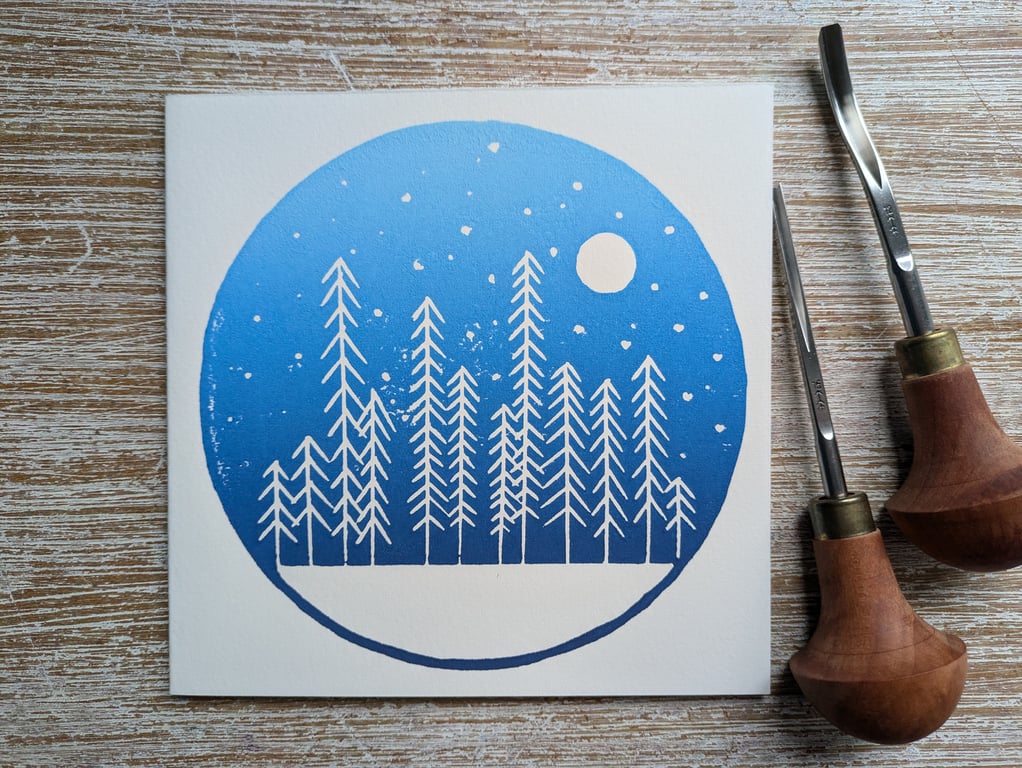 Tall Trees Minimalist Snow Handprinted Christmas Card