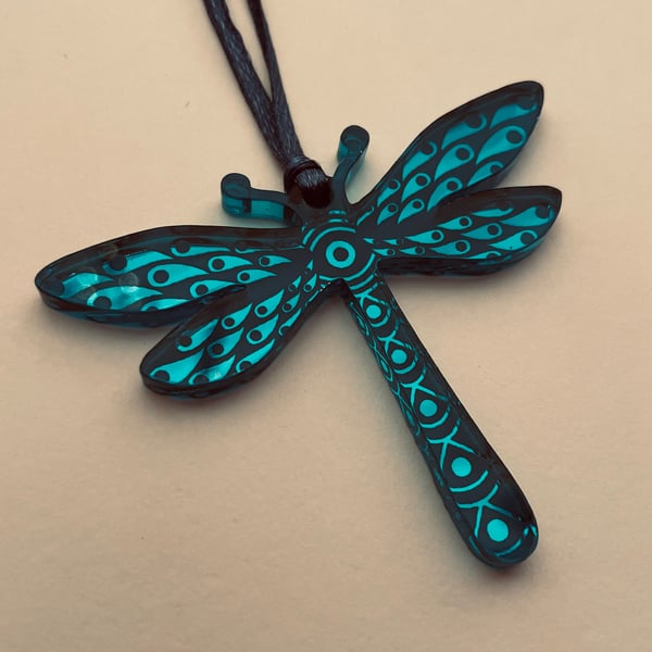 Teal mirrored acrylic dragonfly decoration