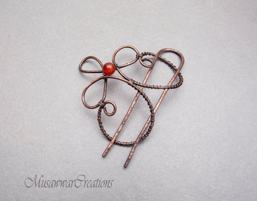 Heavy-Duty Copper Spiral Bun Holder – Gemstone Wire Wrapped Hair Accessory