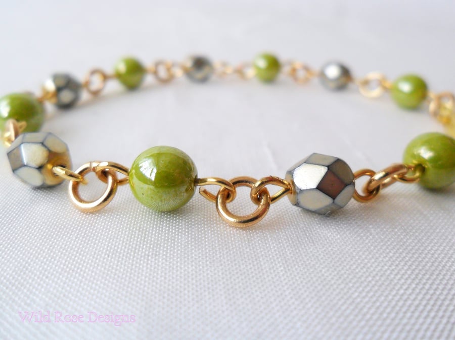 Chartreause green and gold bead bracelet - Sale item!