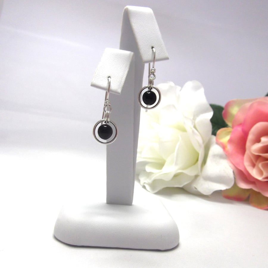 Black Obsidian gemstone dangle earrings with bead in a ring of recycled silver