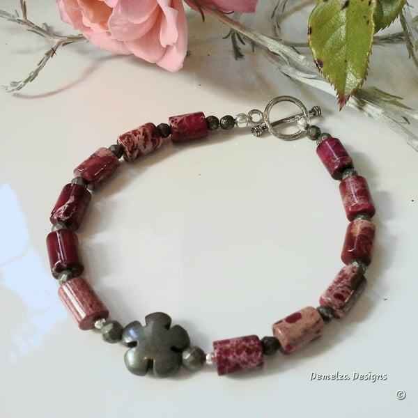 Red Impression Jasper & Pyrite Sterling Silver Bracelet