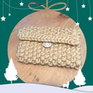 Handknit gold moss stitch phone and keys purse.