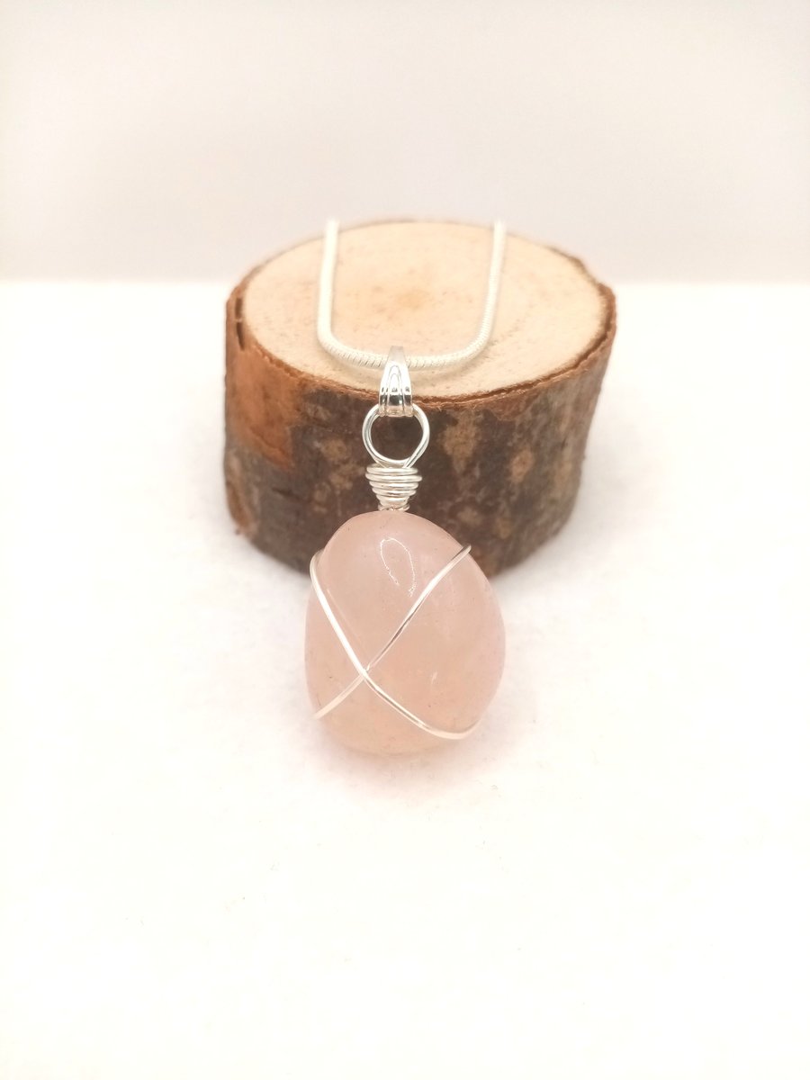 Natural Rose Quartz Necklace, Wire Wrapped Rose Quartz, Rose-Pink Necklace 