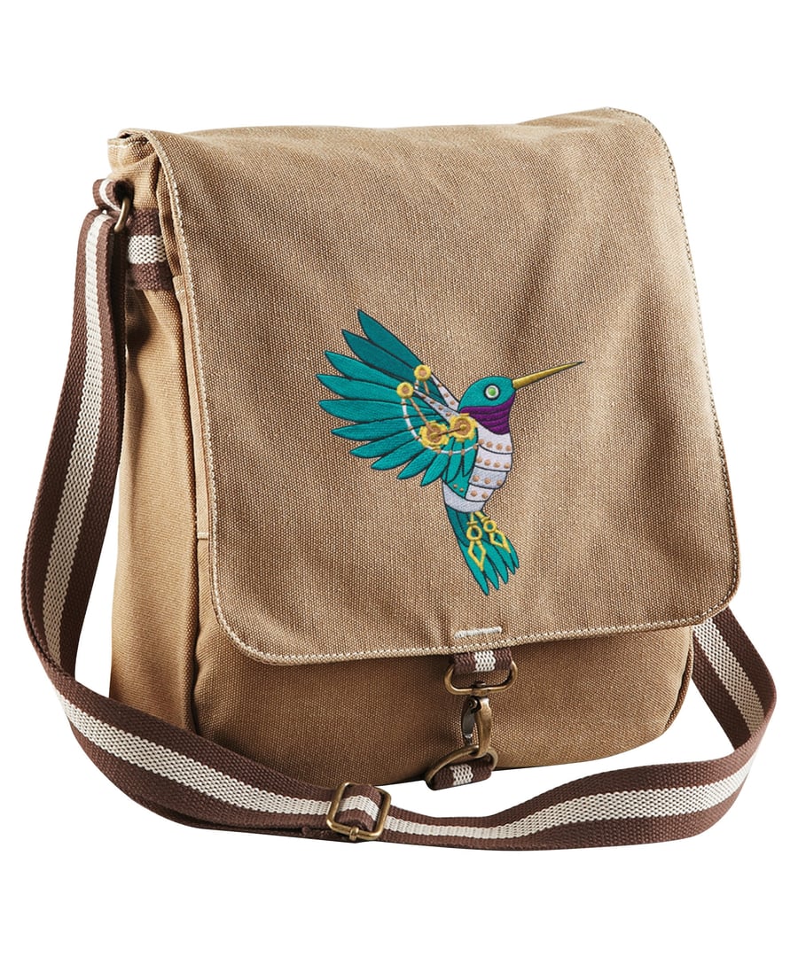 Steampunk Hummingbird Embroidered Canvas Field Bag