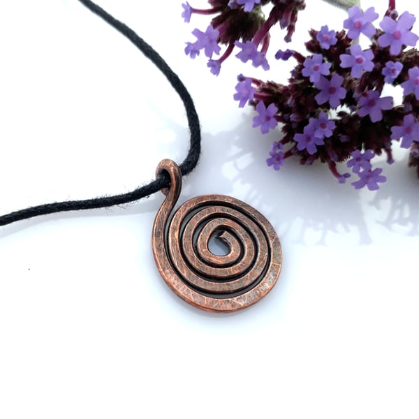 Copper Spiral Pendant, Necklace on Black Cord, Gift for Men and Women