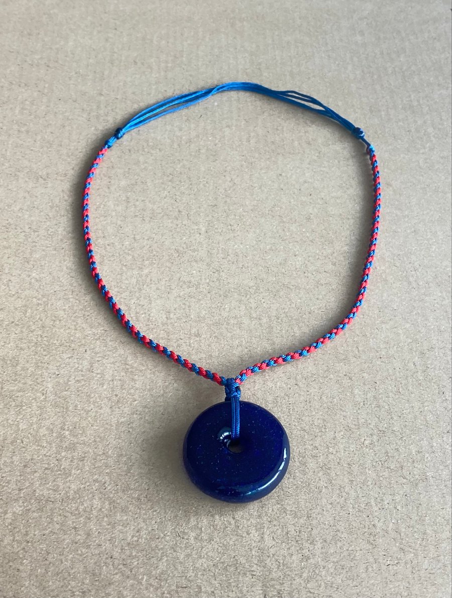 Dark Royal Blue Vintage Glass Donut Pendant Necklace - Birthday gift