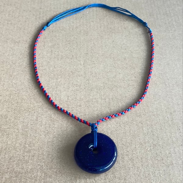 Dark Royal Blue Vintage Glass Donut Pendant Necklace - Birthday gift