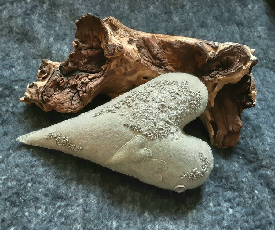 Reduced Hand Embroidered Hanging Heart,Ornamental Primitive Heart Decoration