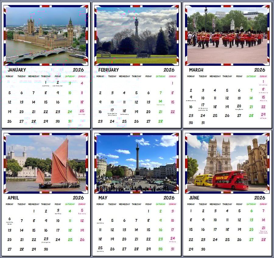2026 A4 Calendar London Landmarks UK