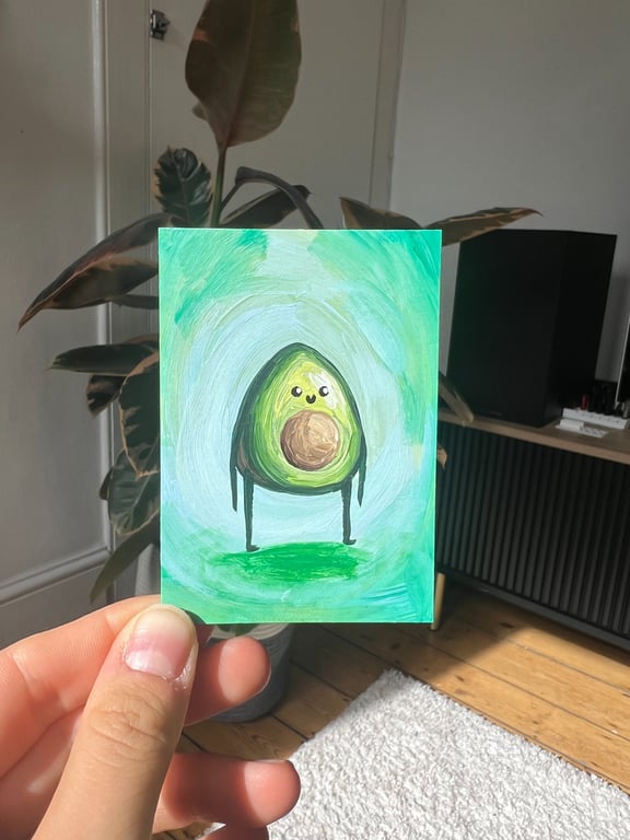 ACEO original - cute avovado on turquoise - acrylic paint - by Holly Rutter