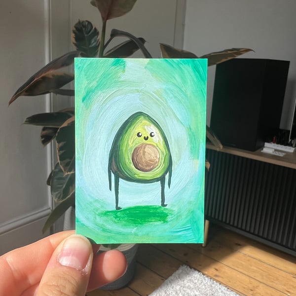ACEO original - cute avovado on turquoise - acrylic paint - by Holly Rutter