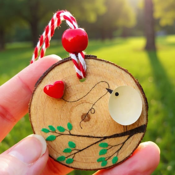 Sea Glass Art Bird Hanging Decoration - Beach Glass Wooden Ornament Gift Idea