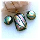 Dichroic Glass 121 Pendant Earring Set Green Pink Gold Plated Chain