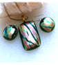 Dichroic Glass 121 Pendant Earring Set Green Pink Gold Plated Chain