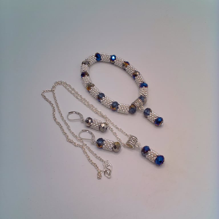 AB Coated Blue Crystals and Silver Snowflake Spacers 3 Piece Jewellery Set