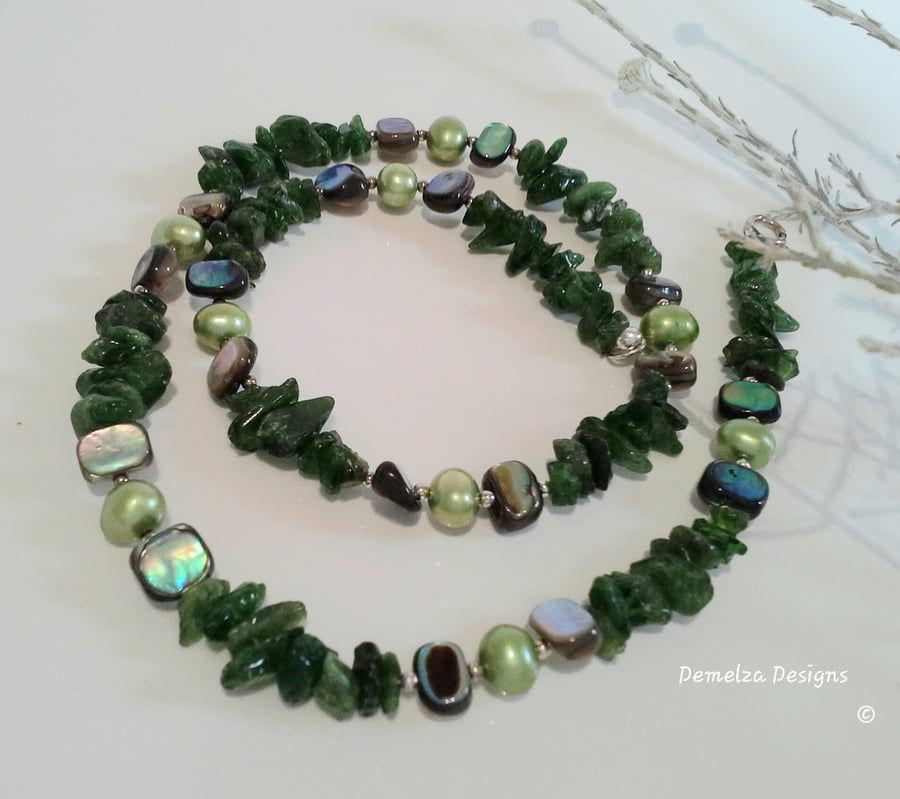 Russian Diopside, Abalone Shell & Freshwater Pearl 925 Silver Necklace