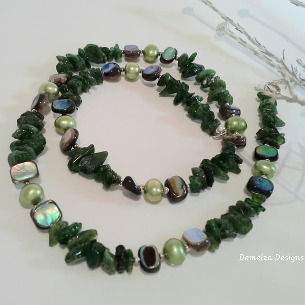 Russian Diopside, Abalone Shell & Freshwater Pearl 925 Silver Necklace