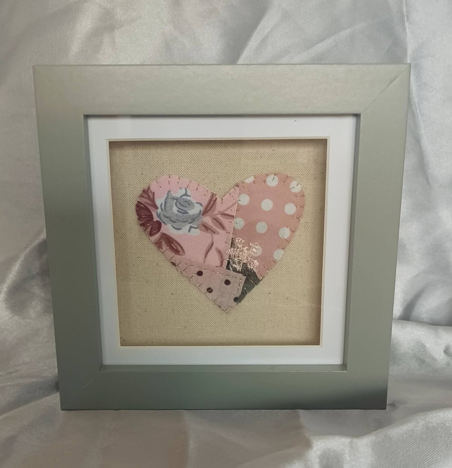 Pink and Grey Patchwork Heart in a Grey Box Frame