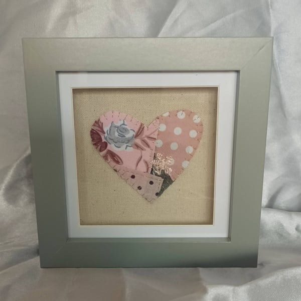 Pink and Grey Patchwork Heart in a Grey Box Frame