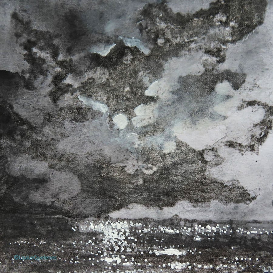 Smuggler's Moon mixed media black and white moonlit coastal scene