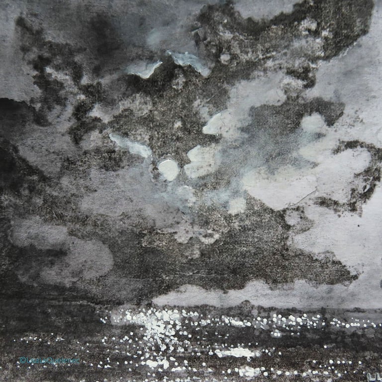 Smuggler's Moon mixed media black and white moonlit coastal scene