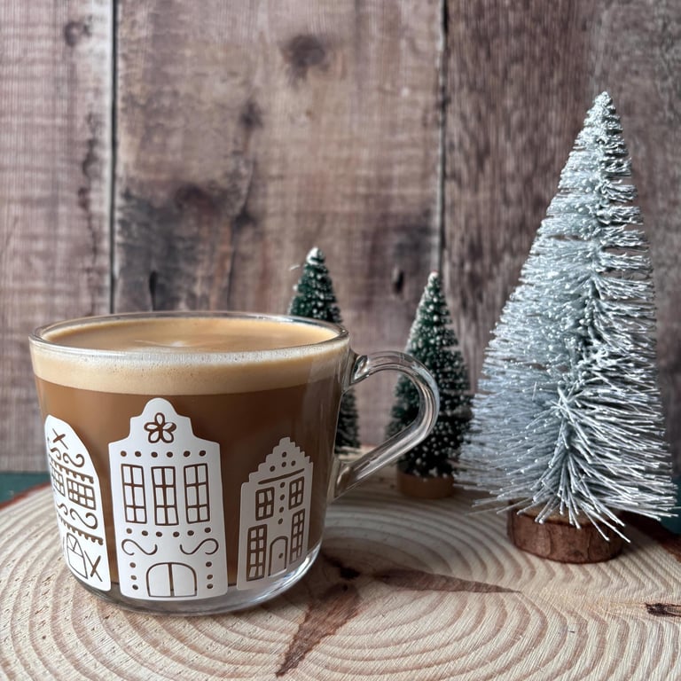 Glass Mug: Digital hand drawn Gingerbread Village Holiday Coffee Cup
