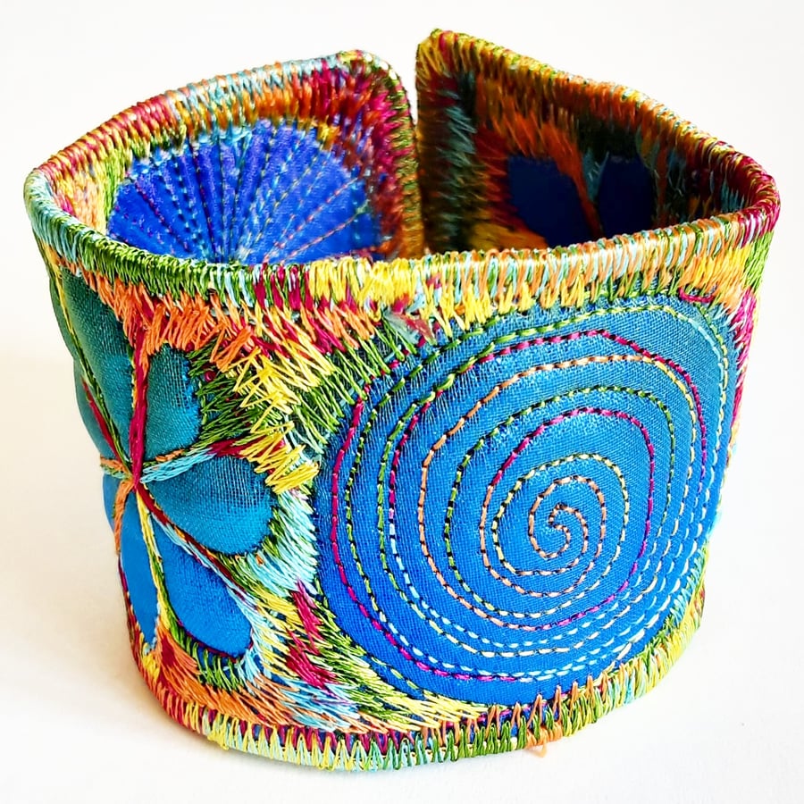Textile - Cuff - with Free Machine Embroidery and Applique in Blue