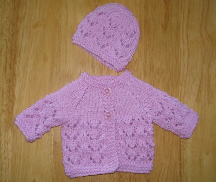 Doll Cardigan And Hat Set Hand Knitted In Lilac Yarn (A164)