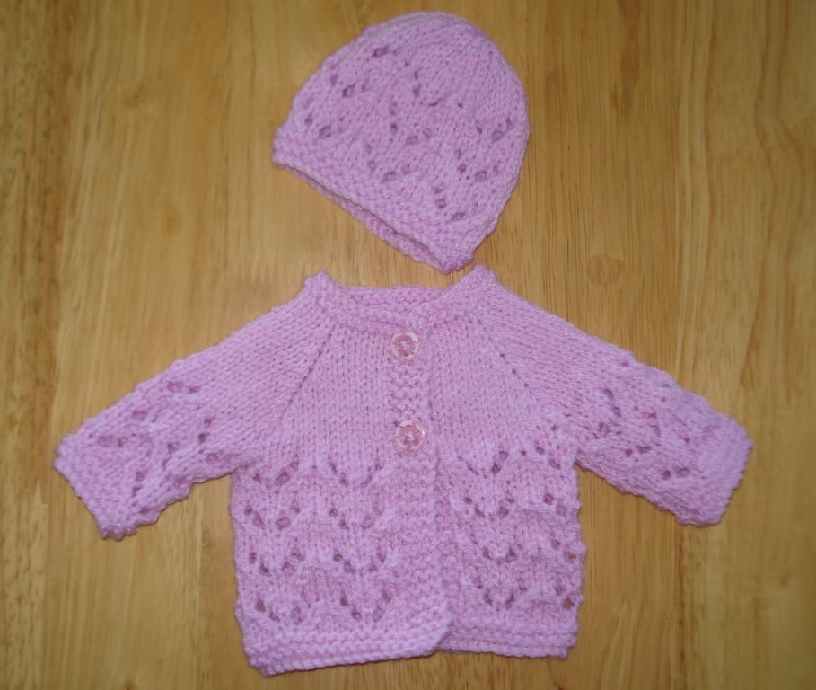 Doll Cardigan And Hat Set Hand Knitted In Lilac Yarn (A164)