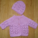 Doll Cardigan And Hat Set Hand Knitted In Lilac Yarn (A164)