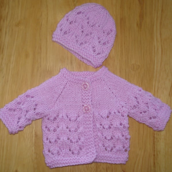 Doll Cardigan And Hat Set Hand Knitted In Lilac Yarn (A164)