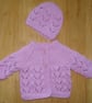 Doll Cardigan And Hat Set Hand Knitted In Lilac Yarn (A164)